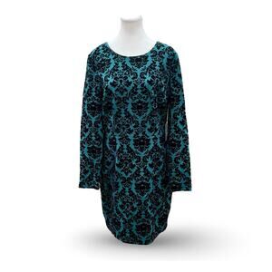 CeCe by CYNTHIA STEFFE Women 12 Green Teal Black Velvet Damask Knee Sheath Dress